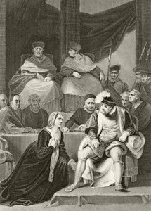 Catherine of Aragon kneeling before her husband King Henry VIII during the trial of their marriage, from 